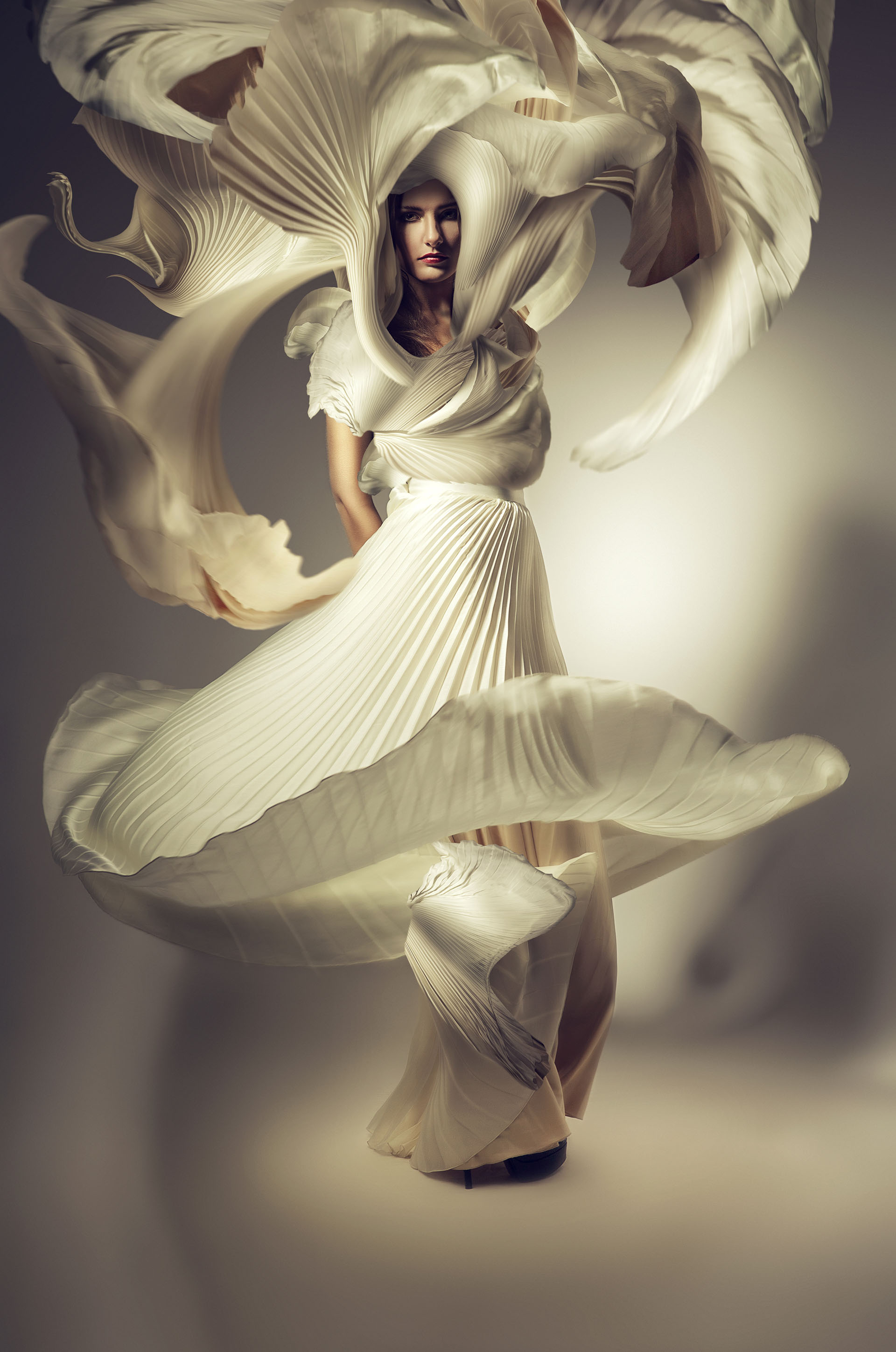 pretty woman with long flying dress
