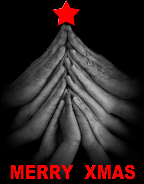 A Christmas tree made up of hands