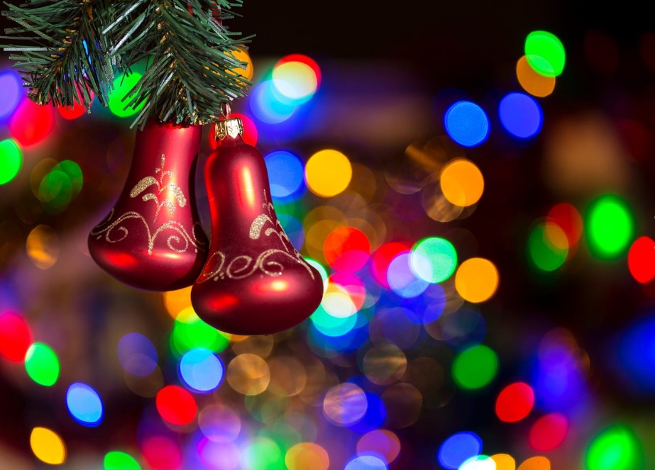 Christmas-tree red bell decorations against nice bokeh background