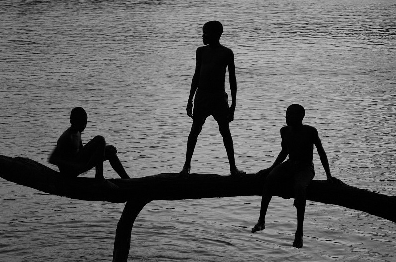 Silhouette of three boys on a trunk