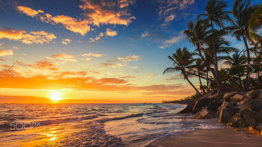 Landscape of paradise tropical island beach, sunrise shot