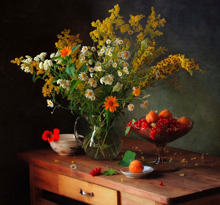 With flowers and fruit
