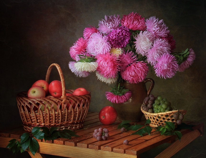 With flowers and fruits