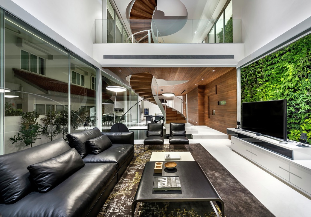Living room with an indoor vertical garden