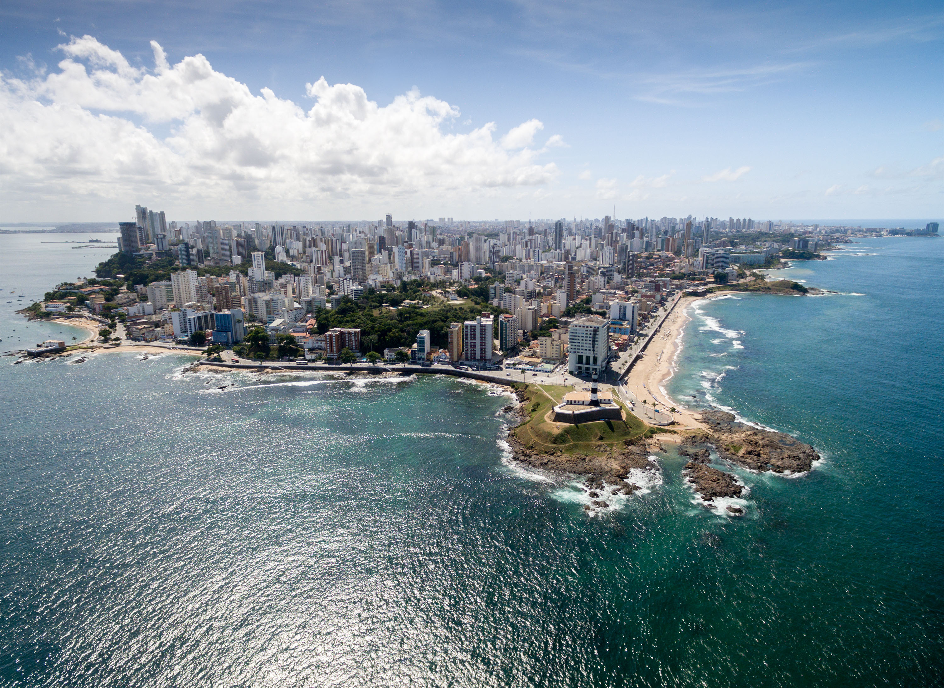 Aerial view of Barra Lighthouse and Salvador cityscape, Bahia, Brazil