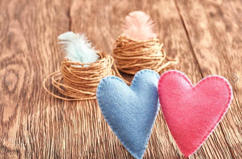 Love, Valentines Day. Hearts couple Handmade on wood. Vintage