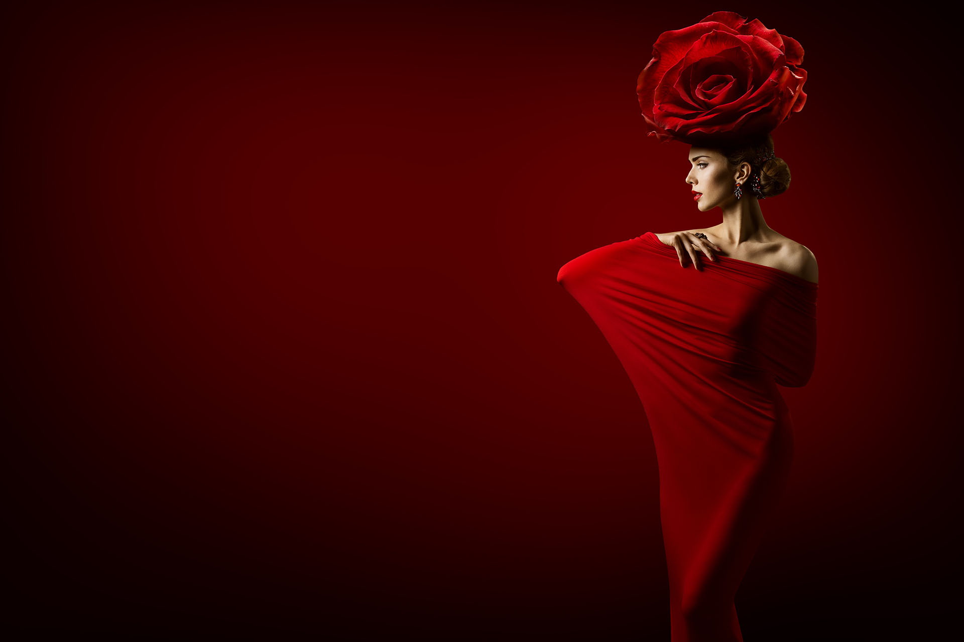 Elegant Art Woman Red Dress, Roses Crown on Head