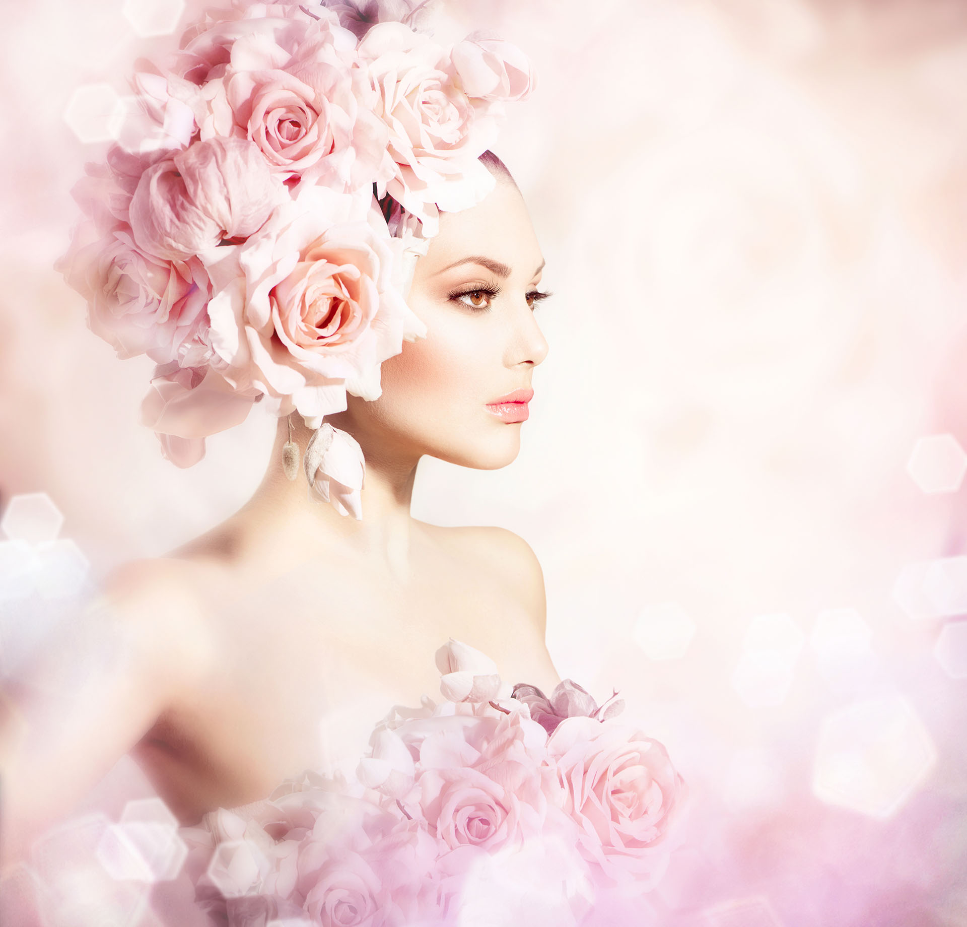 Fashion Beauty Model Girl with Flowers Hair