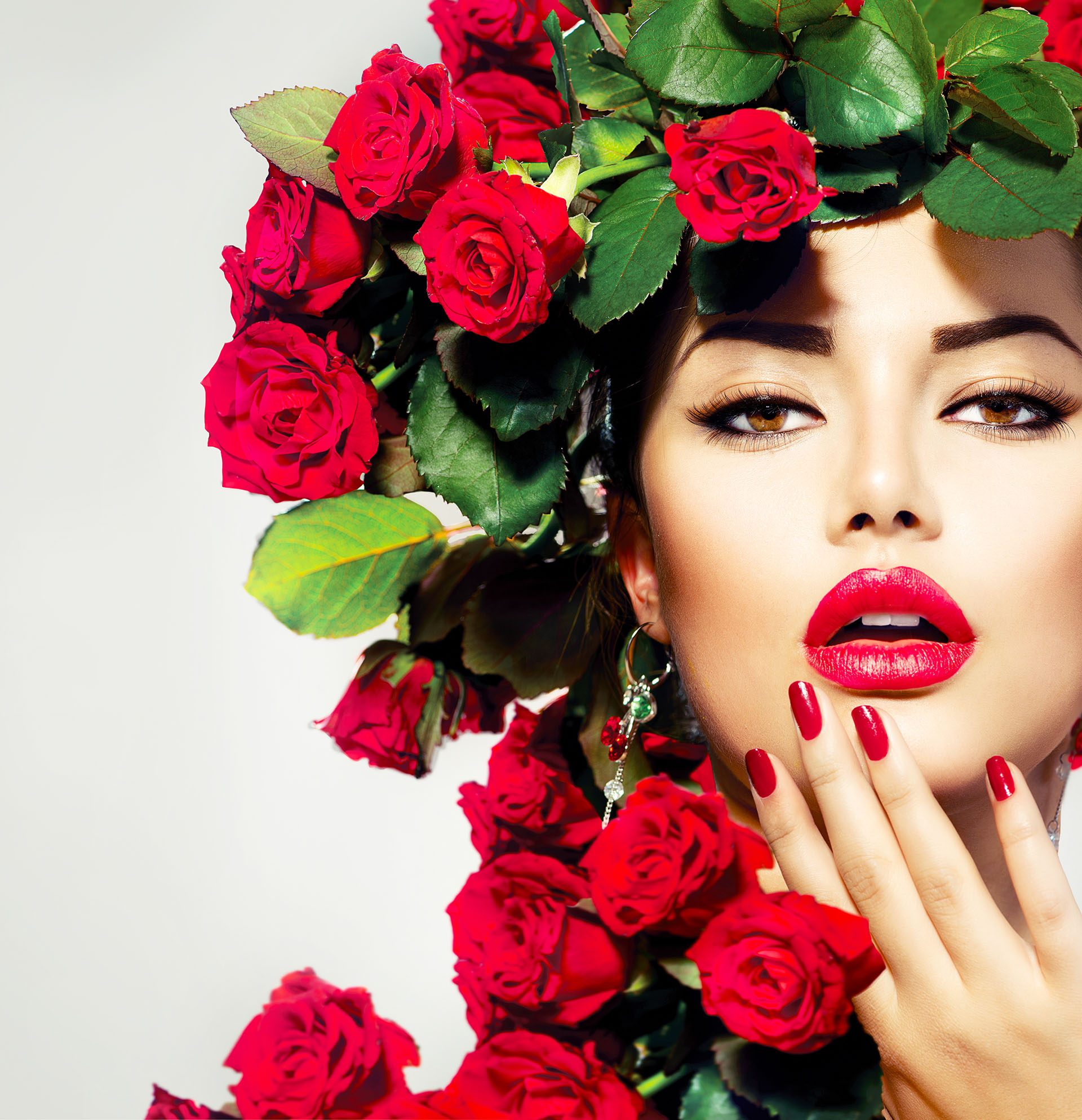 Girl Portrait with Red Roses Hairstyle