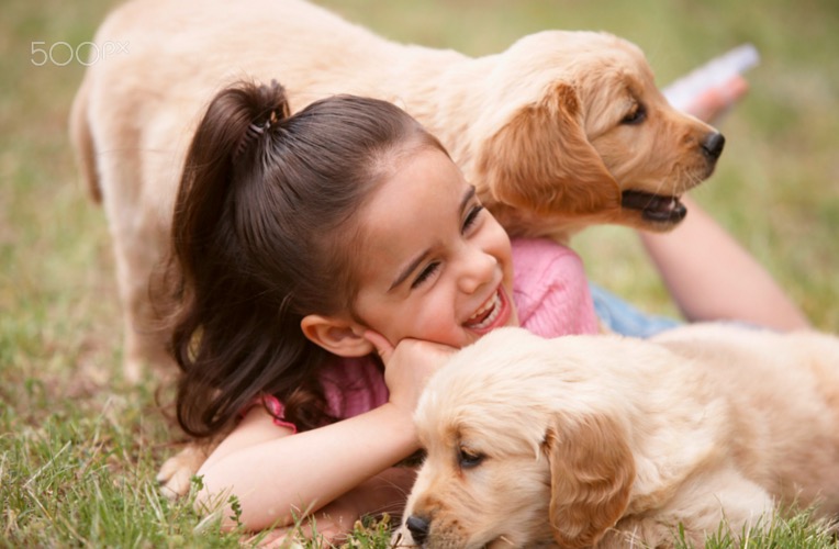 girl-playing-with-puppies-outdoors