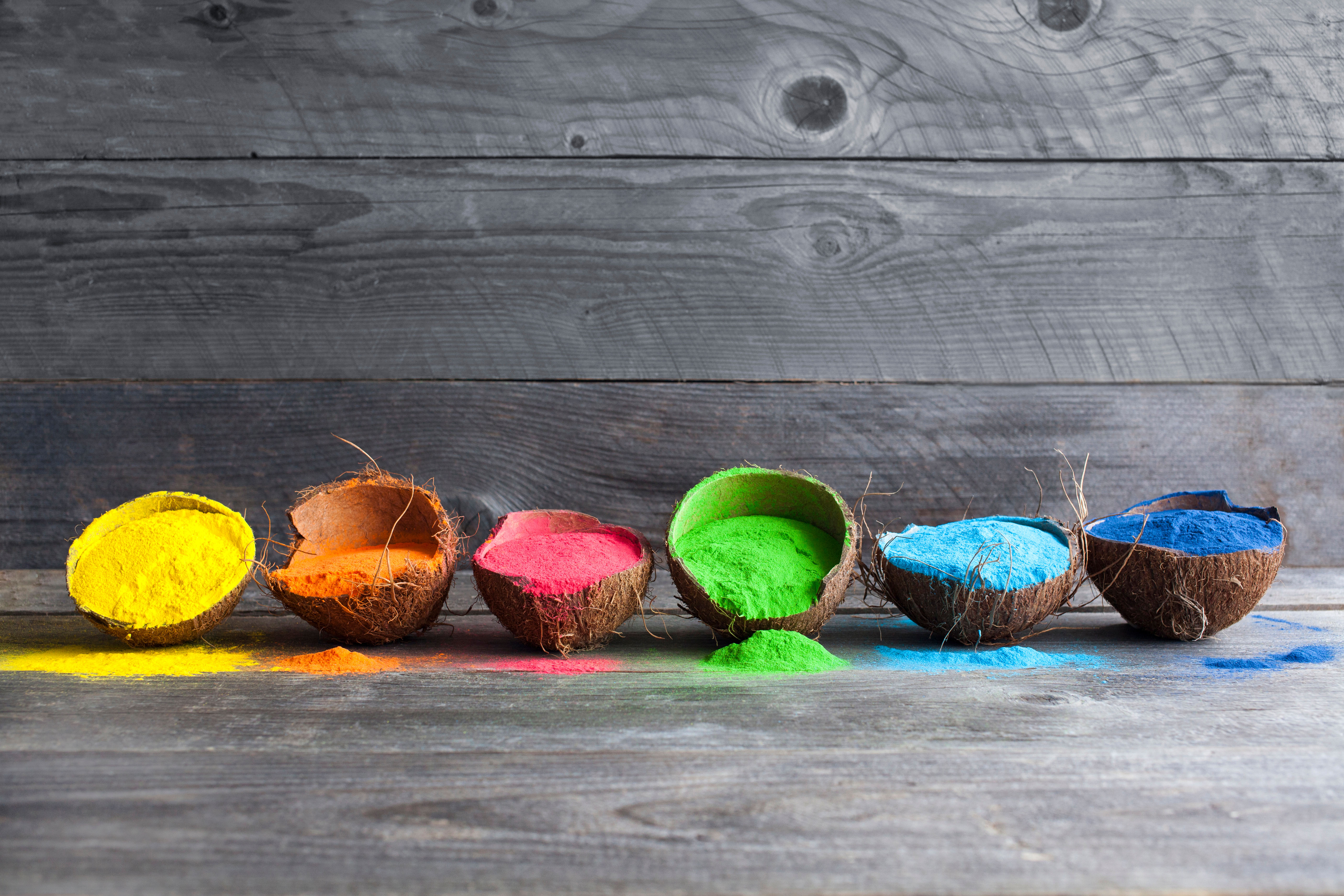 Bright colours in coconut shells for Indian holi festival