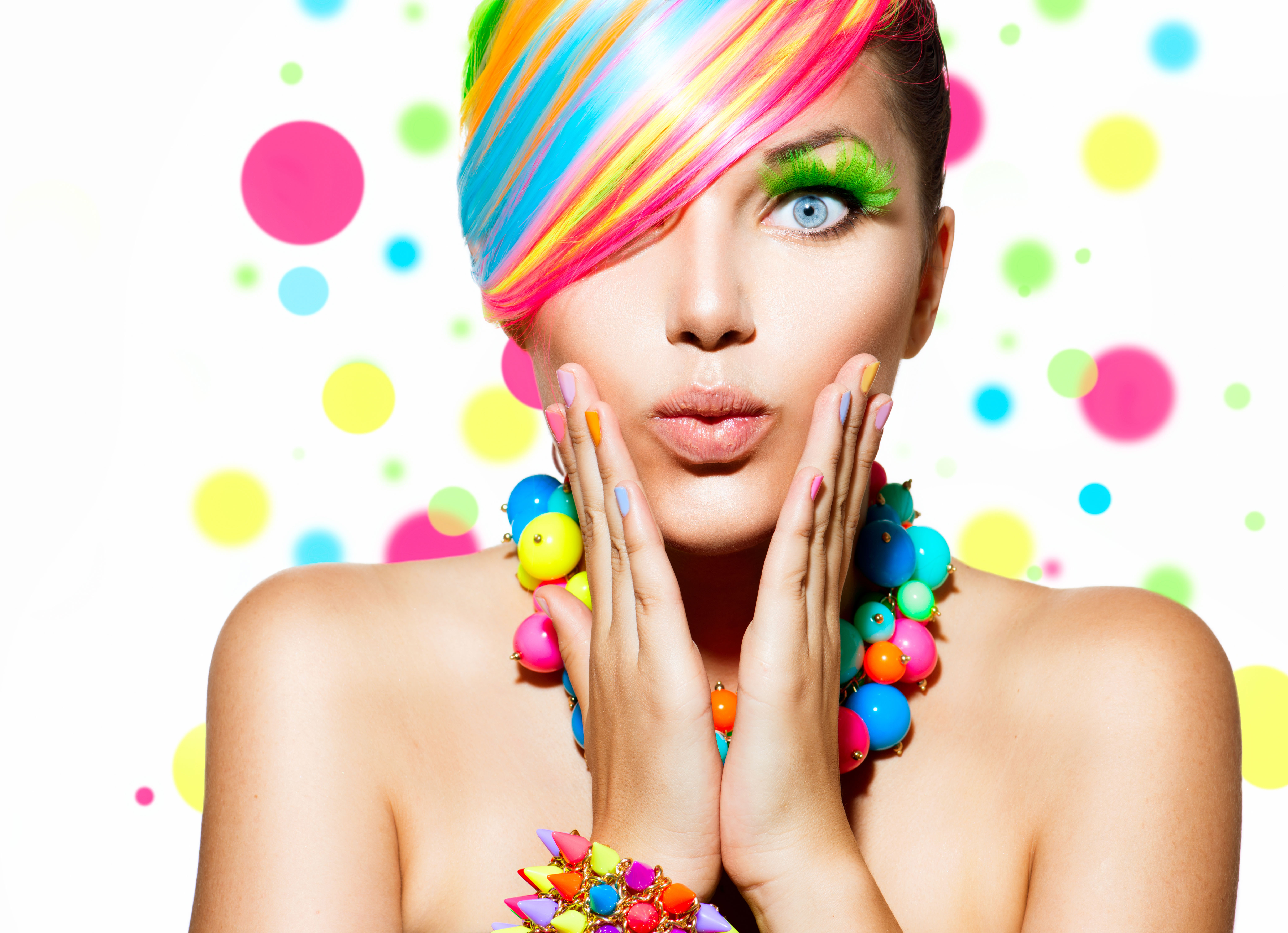 Beauty Girl Portrait with Colorful Makeup, Hair, Nail polish and Accessories
