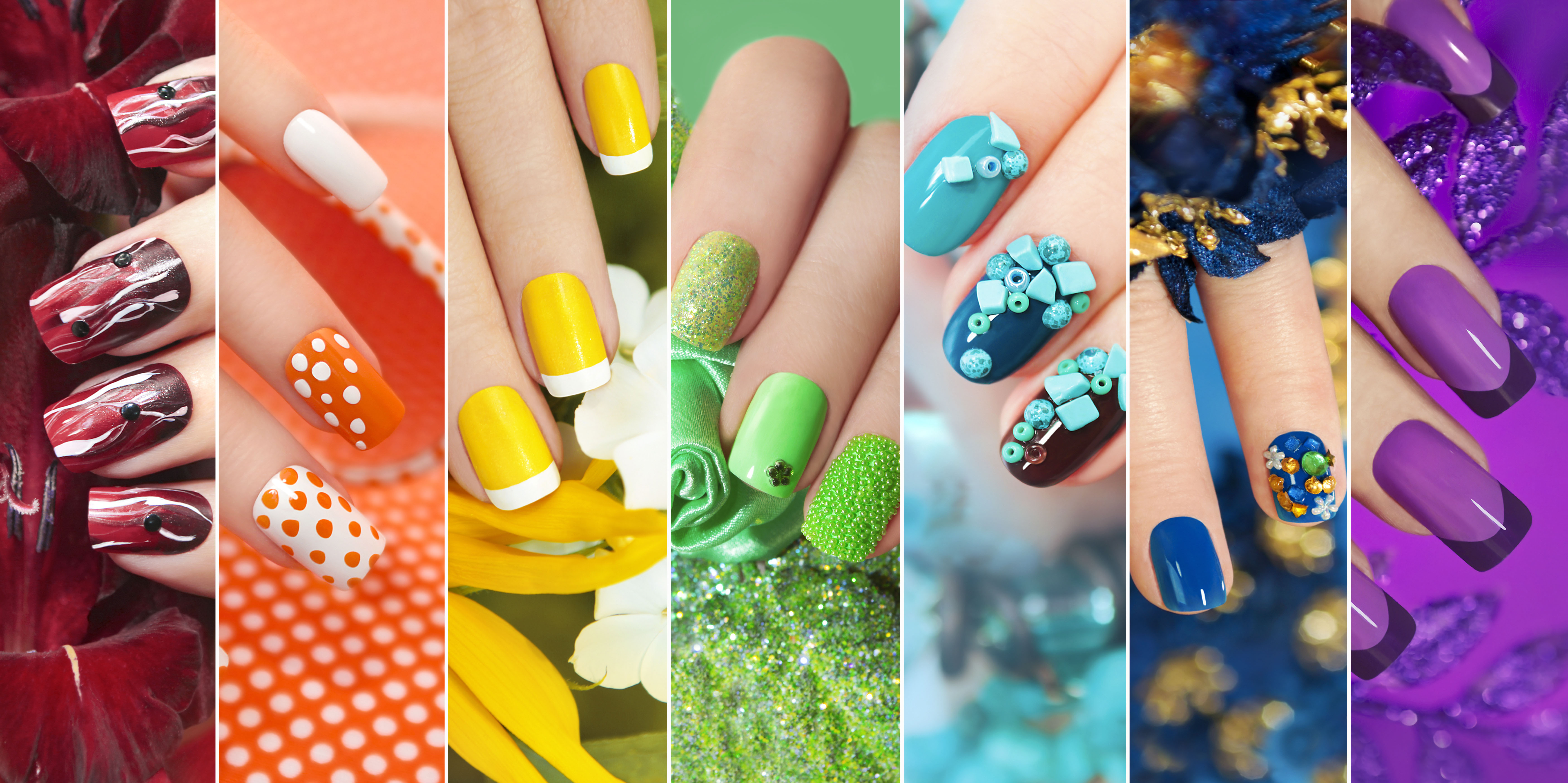 Colorful rainbow collection of nail designs for summer and winter
