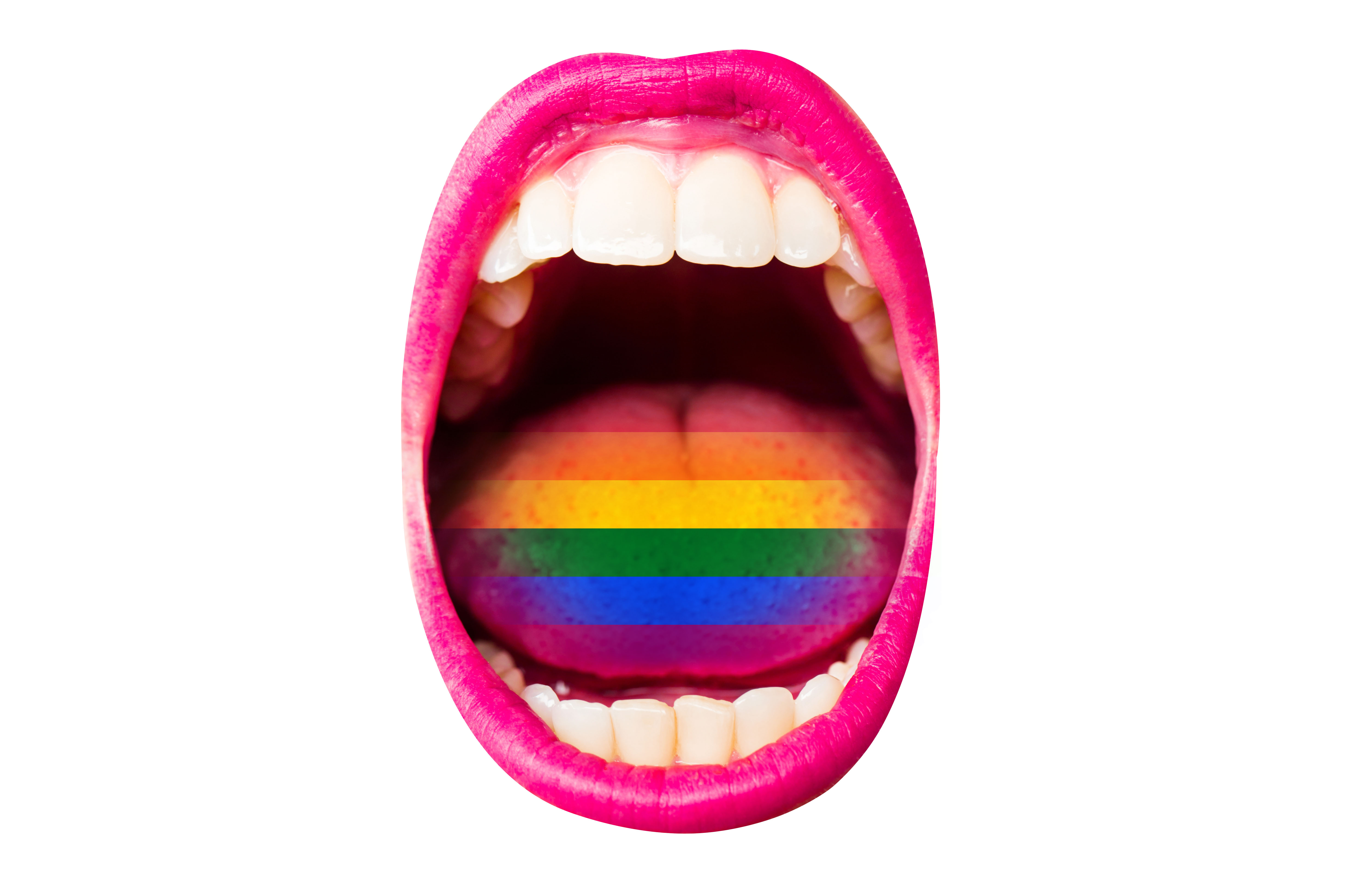 Female lips with lipstick, white teeth, rainbow in tongue