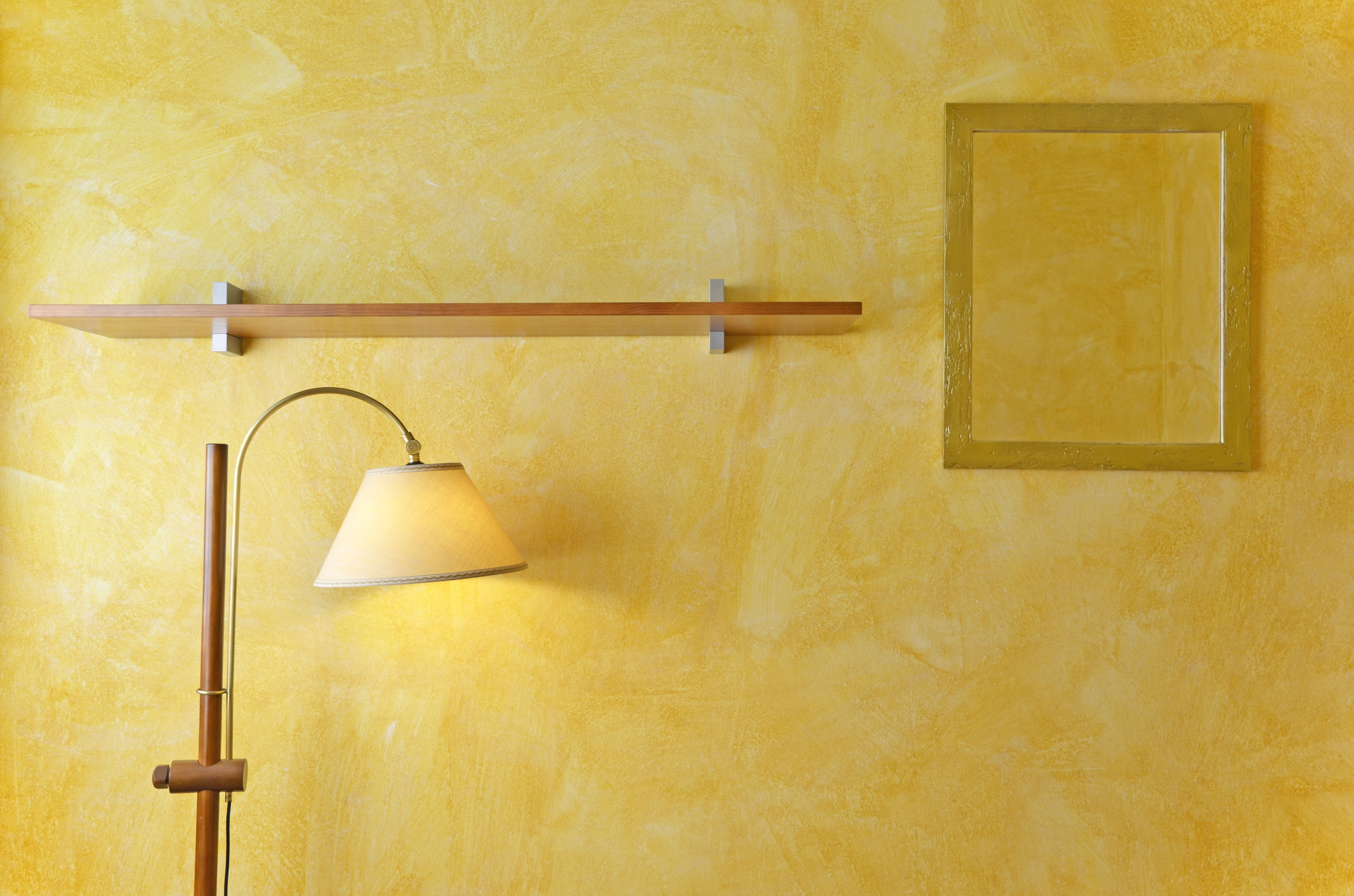 interior wall mirrors, lamps and wooden shelves