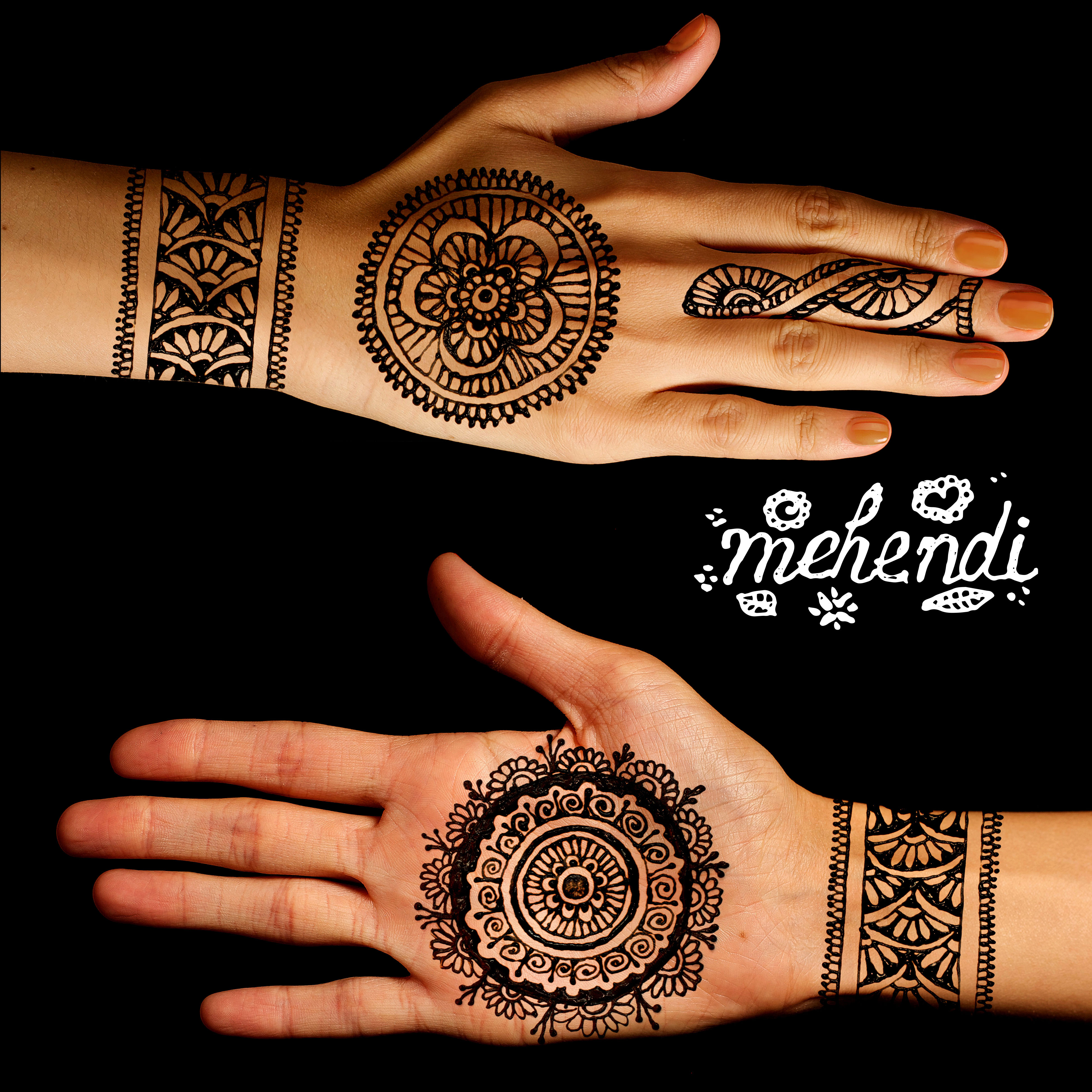 hands with mehendi hand band and circular design