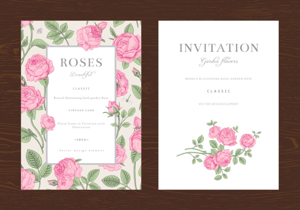 Floral vector vertical vintage invitation. Set. Pink Garden Roses