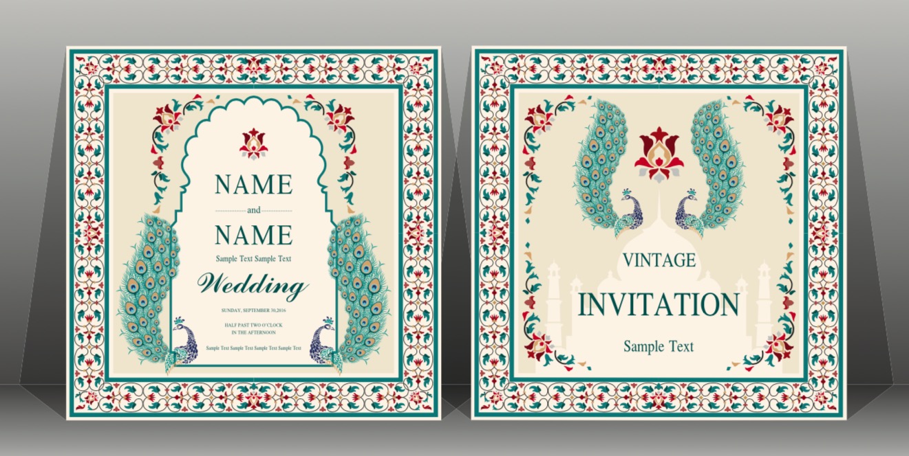 Indian wedding Invitation card templates with flower, peacock patterned