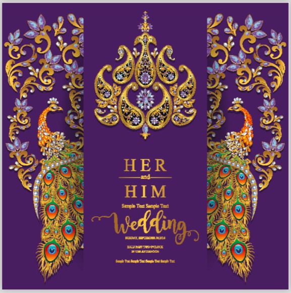 Indian wedding Invitation card templates with gold patterned and crystals on paper color