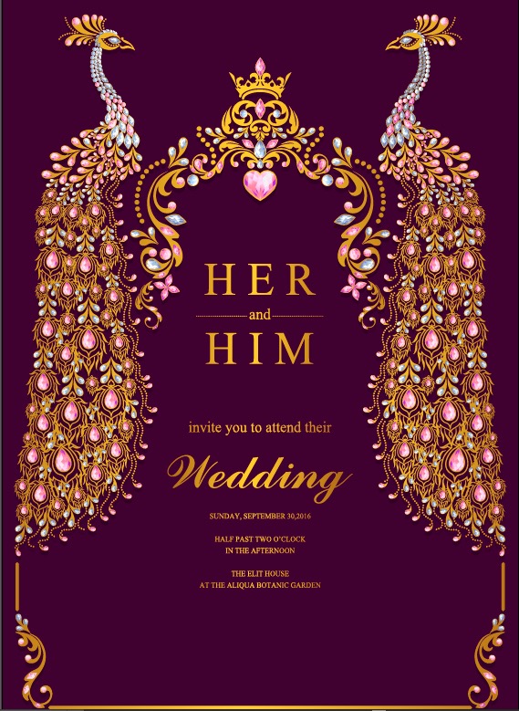 Indian wedding Invitation card templates with gold peacock patterned and crystals on paper color