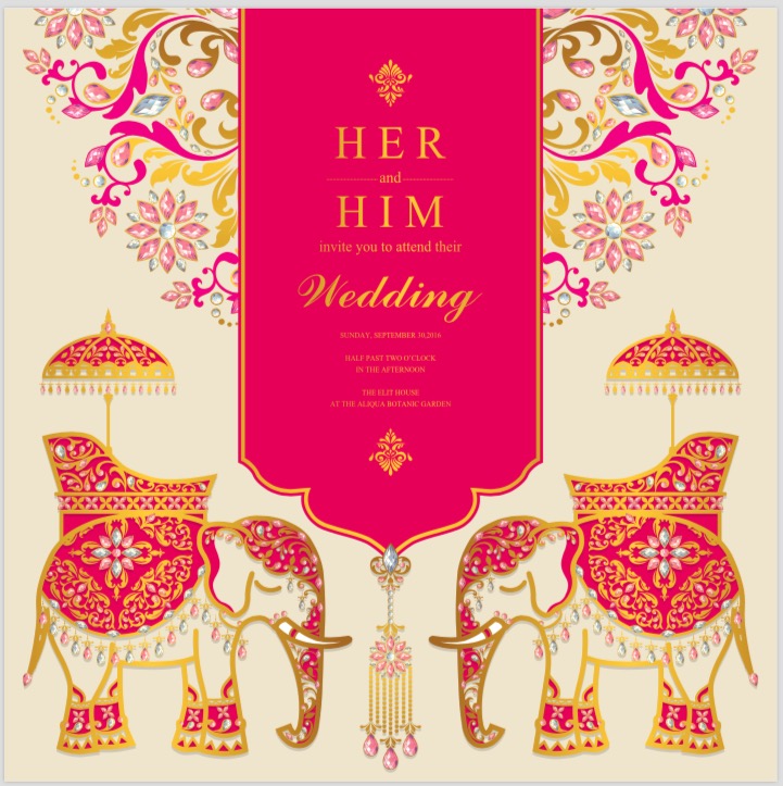 Indian wedding card, Elephant patterned gold and crystals color