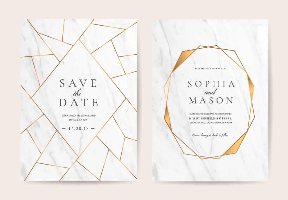 Luxury wedding invitation cards with gold marble texture and geometric pattern vector design template