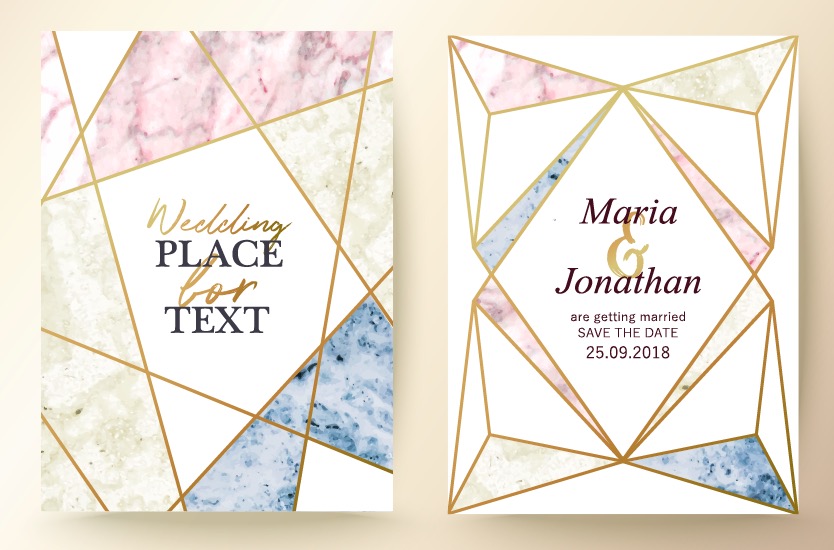 Marble texture background with geometric frame and gold