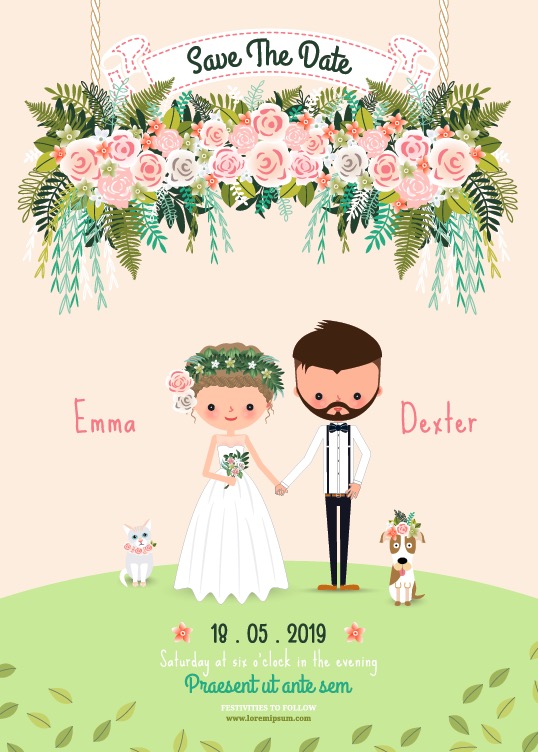 Rustic wedding couple save the date invitation card floral blossom, bride and groom with dog and cat