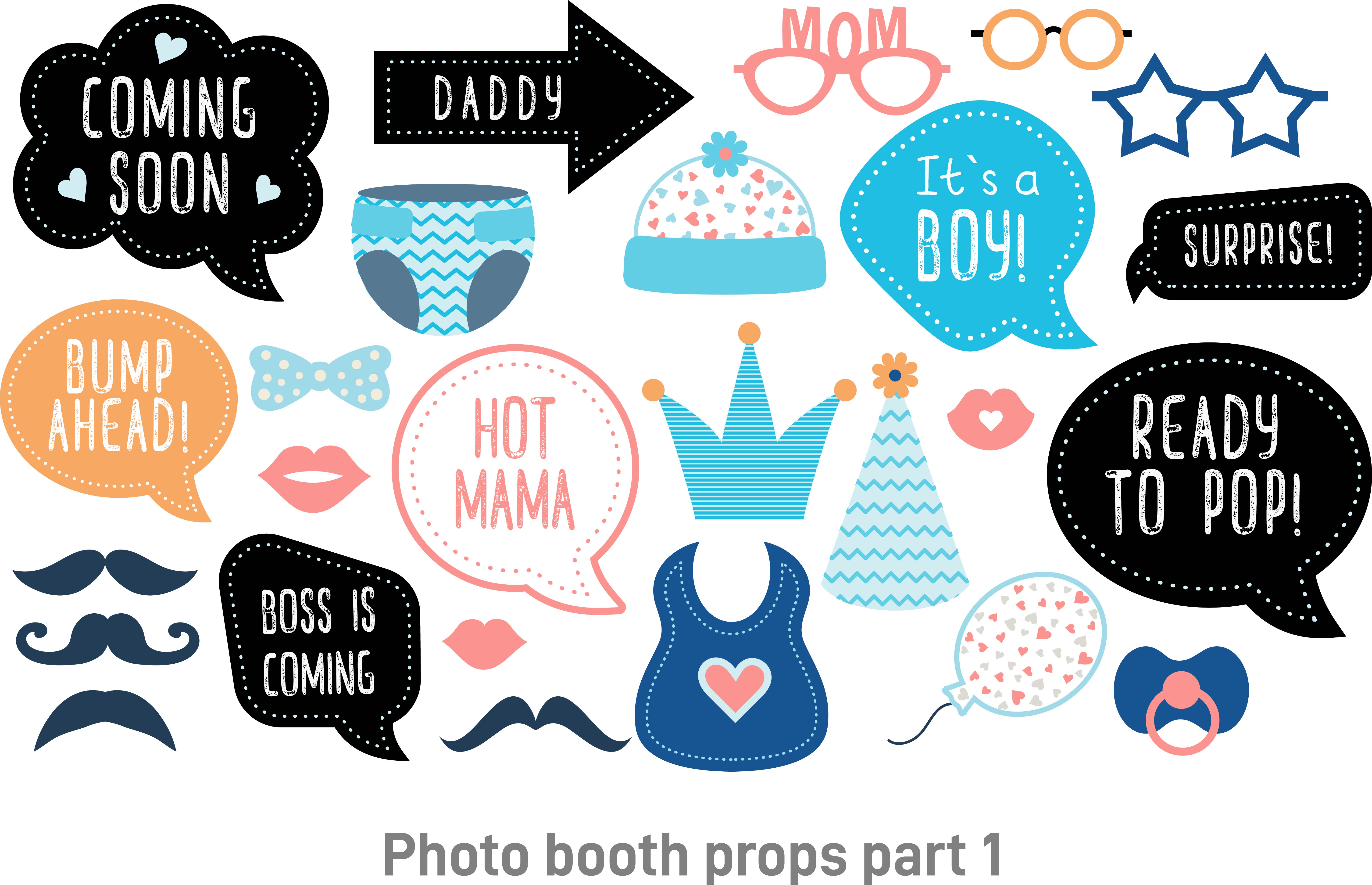 Baby shower photo booth props. Happy birthday party for boy