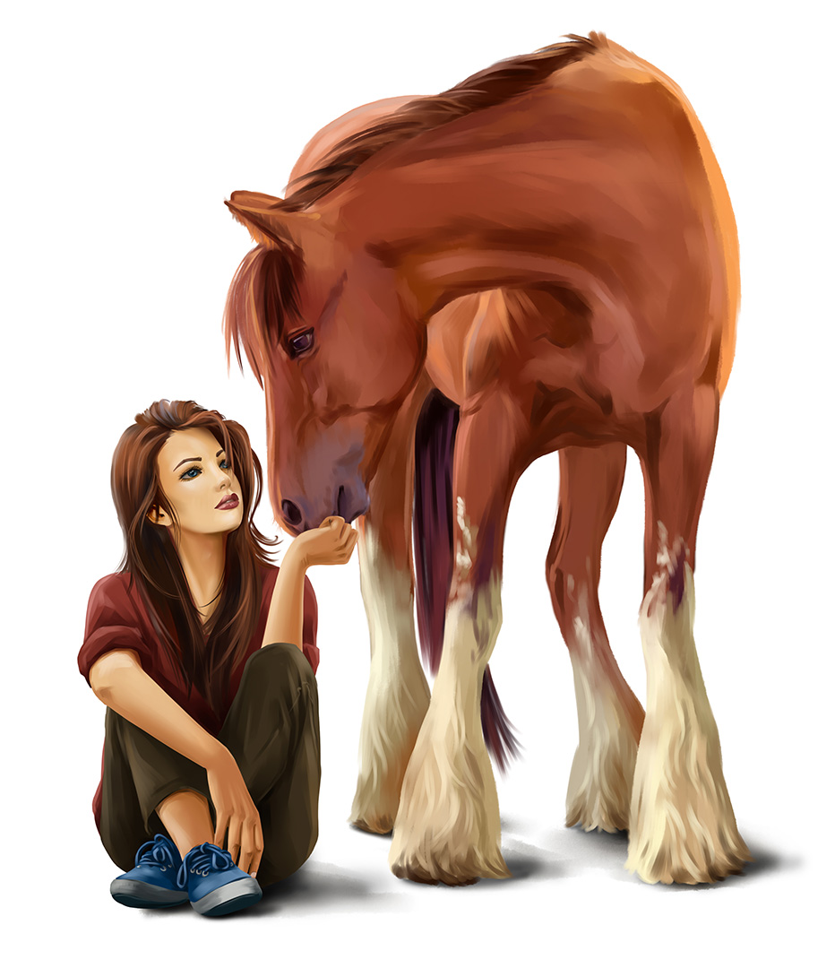 Girl feeding a horse watercolor painting