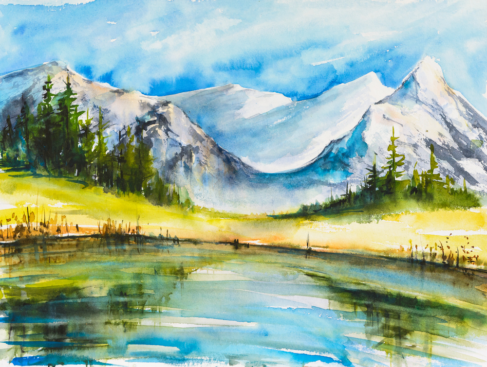 Landscape watercolor painting of snow covered mountains with a lake