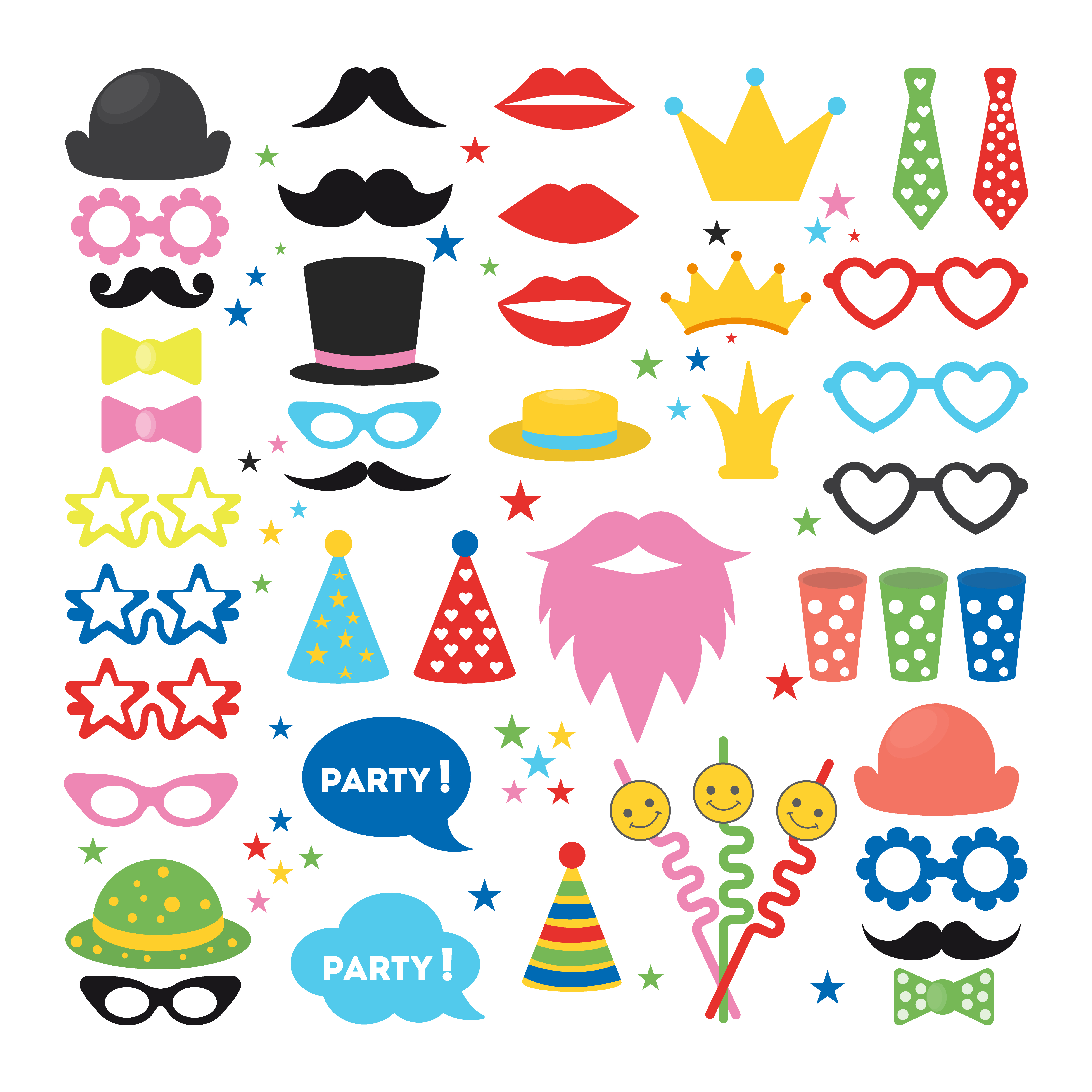 Party masks set. Hats and glasses