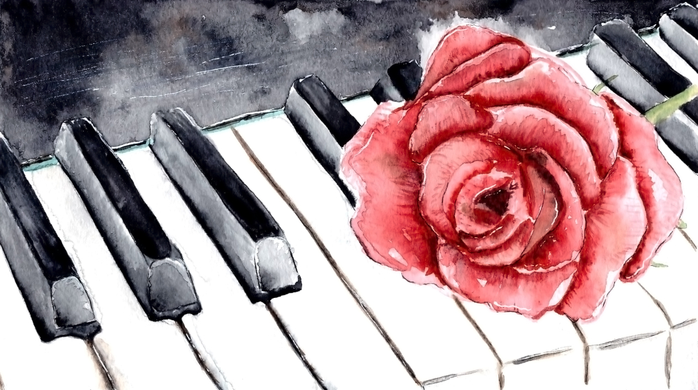 Red rose on the piano. Watercolor flower