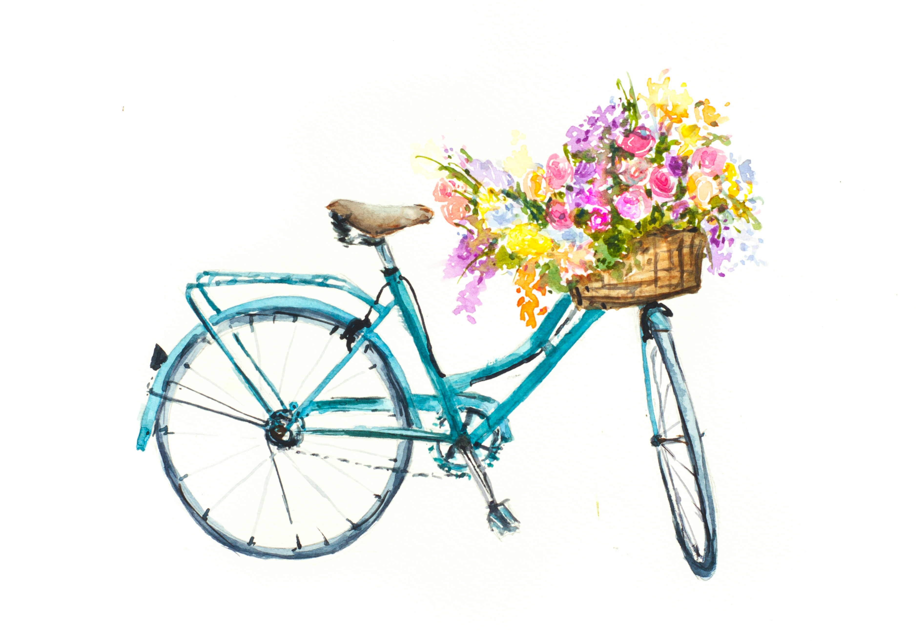 Retro blue bike with flowers in basket