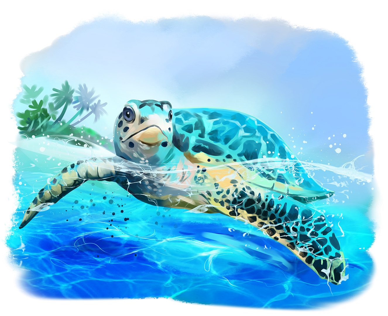 Sea turtle floats watercolor drawing