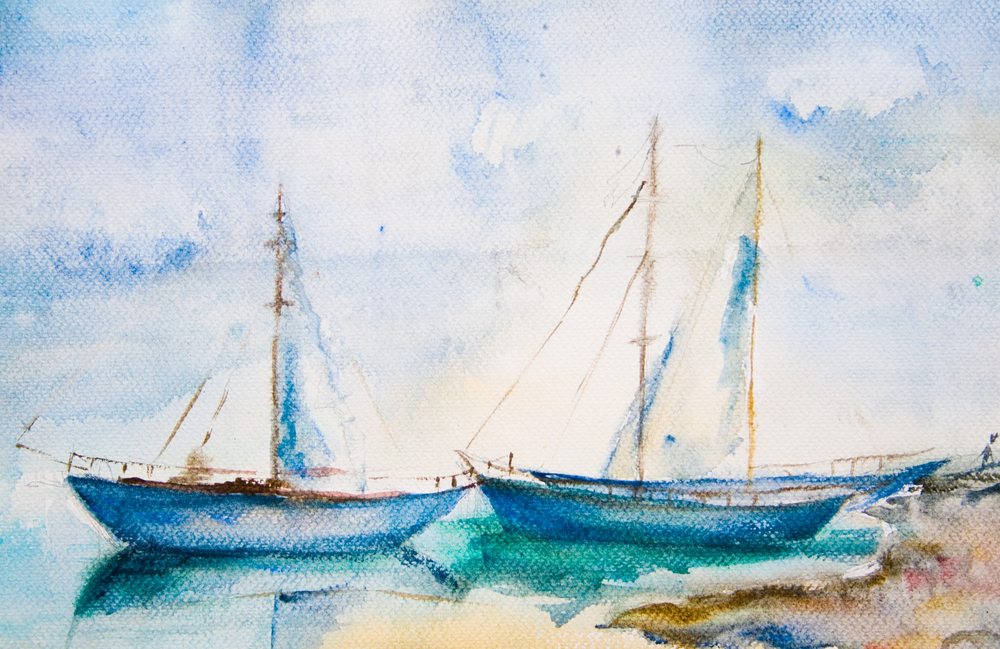 Ships in the sea, watercolor painting