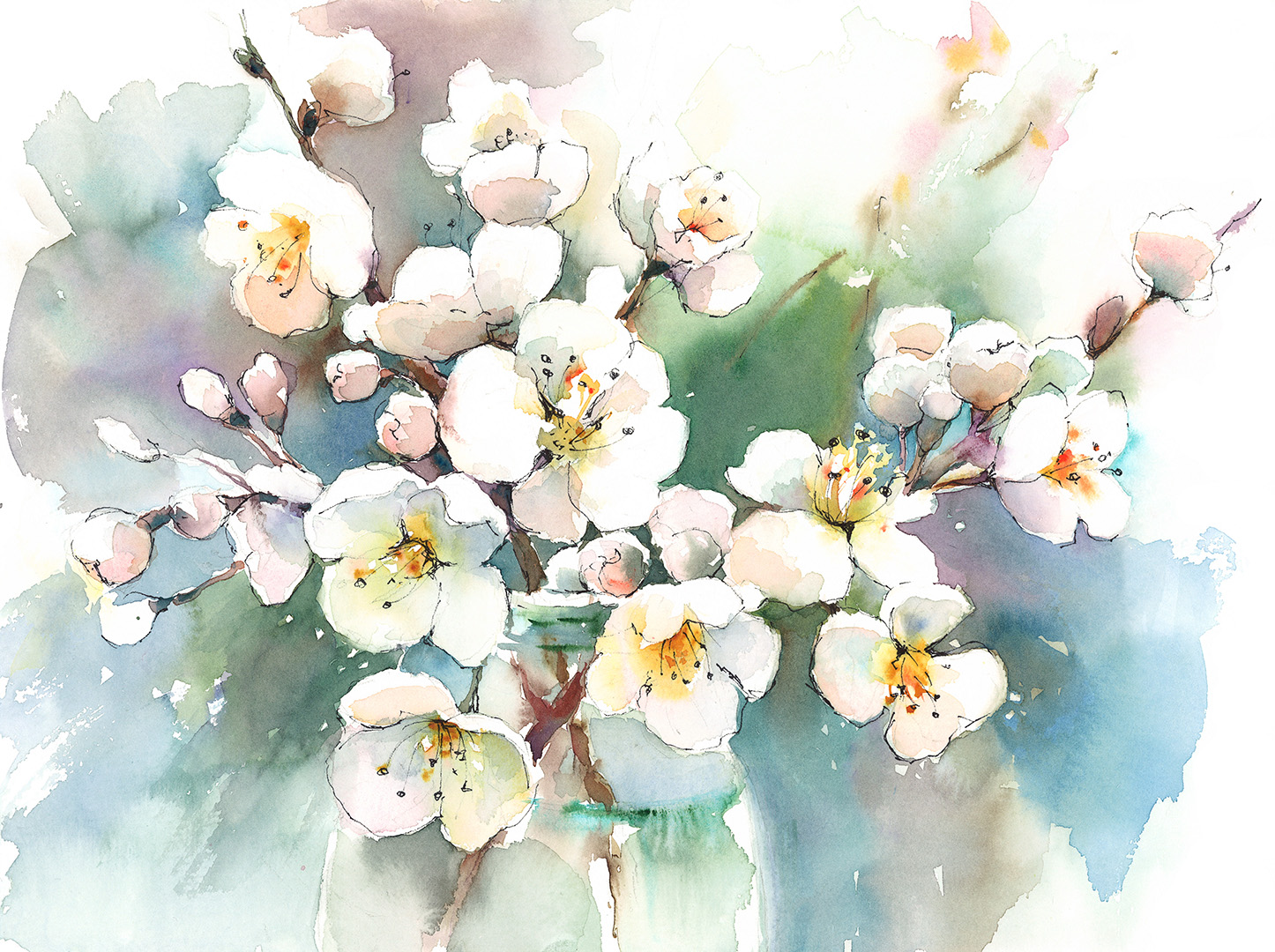 Spring Blossoms Flowers hand painted watercolor