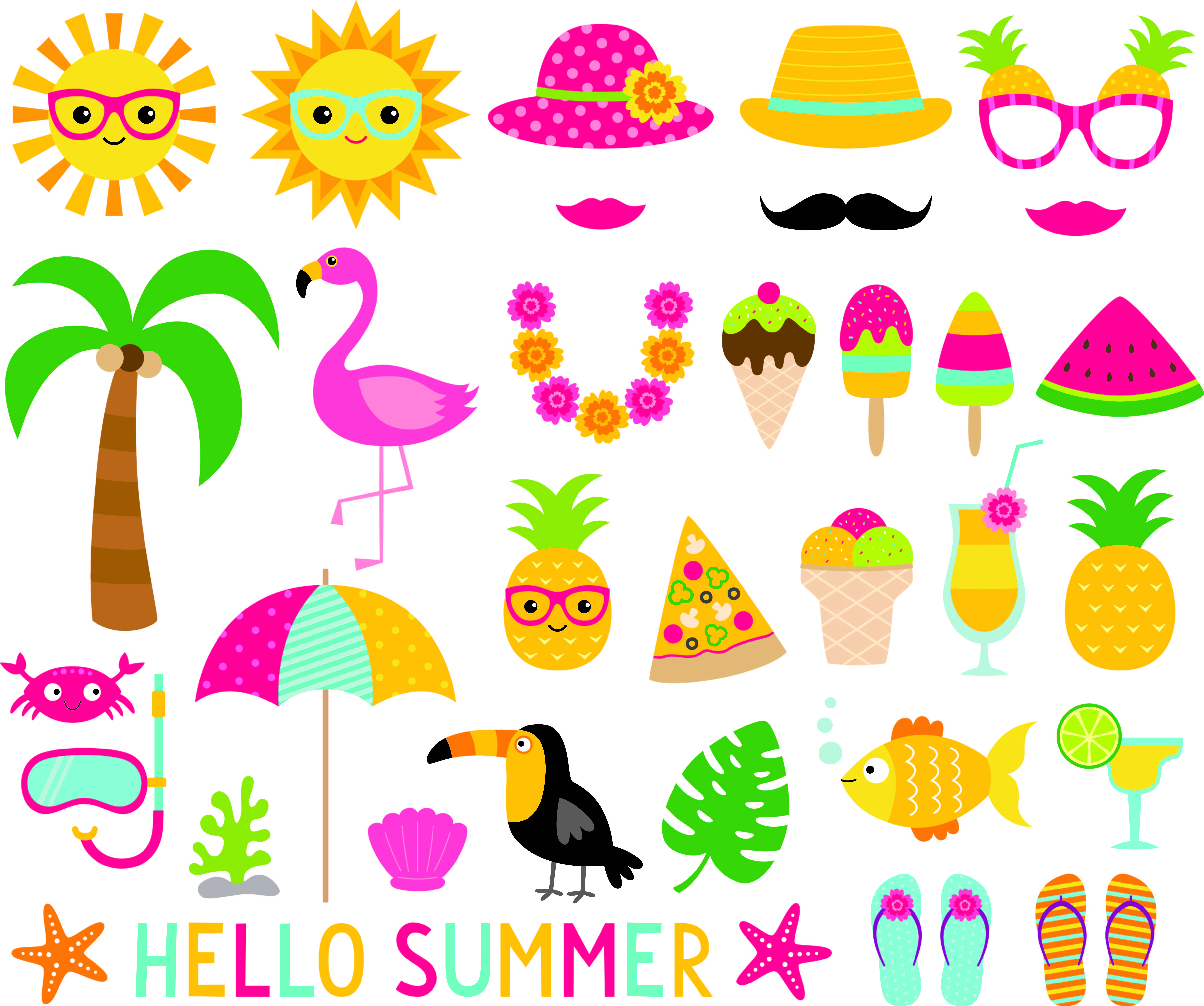 Summer design elements and photo booth props set