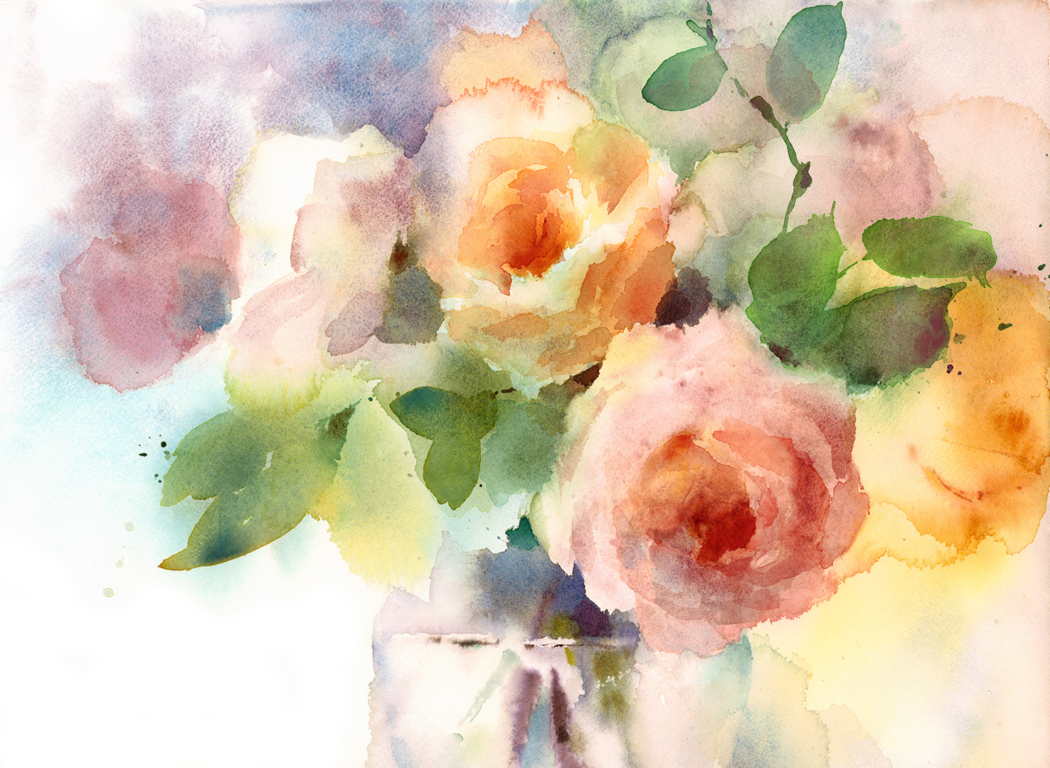 Watercolor Roses Flowers In The Vase