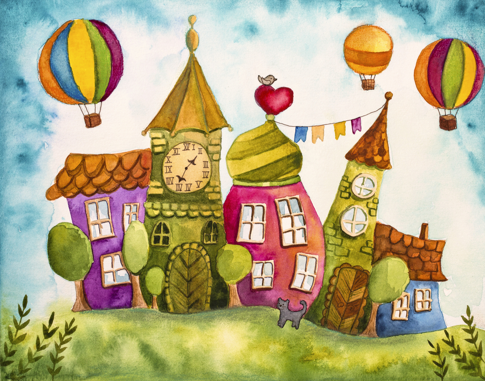 Watercolor painting of colorful fairy houses
