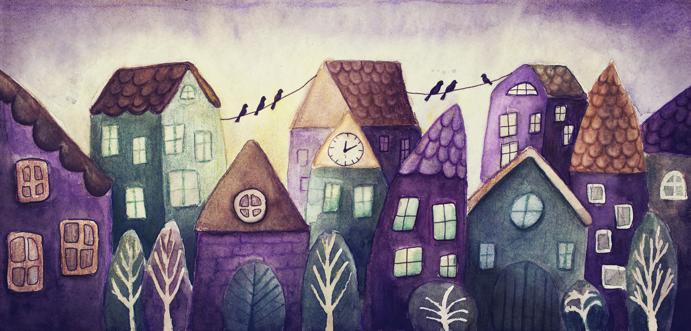 Watercolor painting of fantasy colorful houses