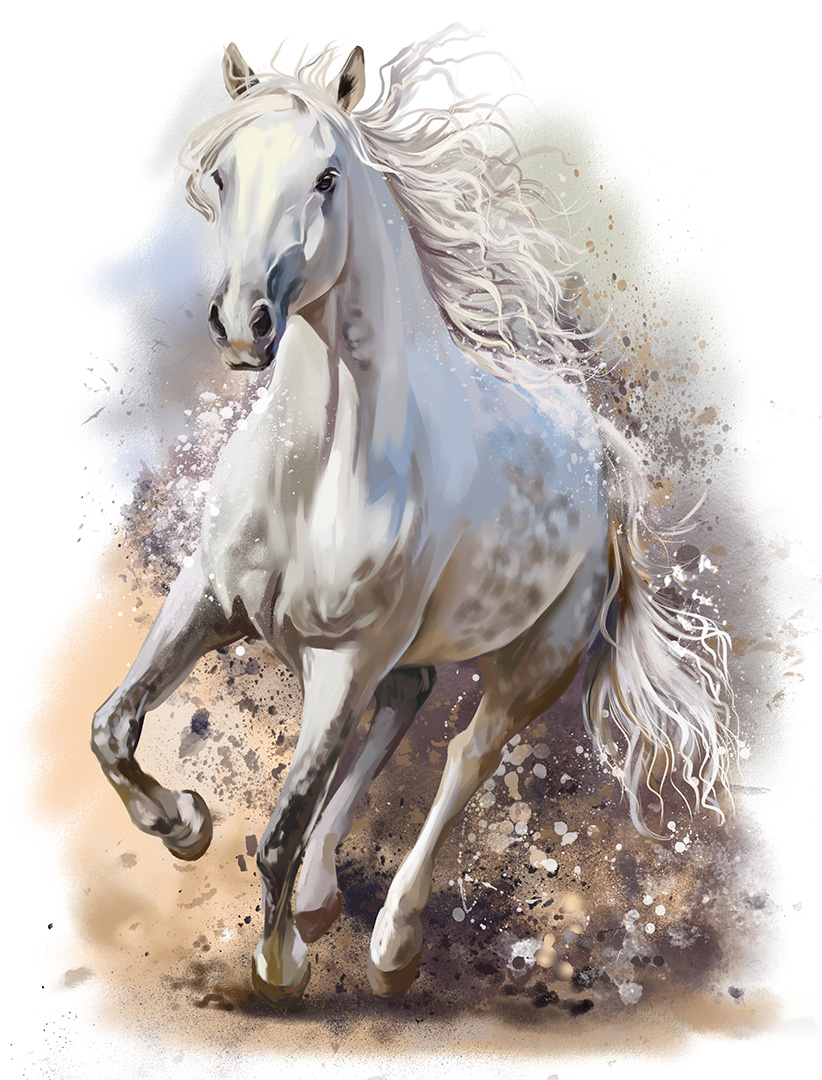 White horse runs watercolor painting