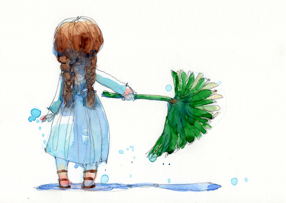 girl in white dress with palm leaf