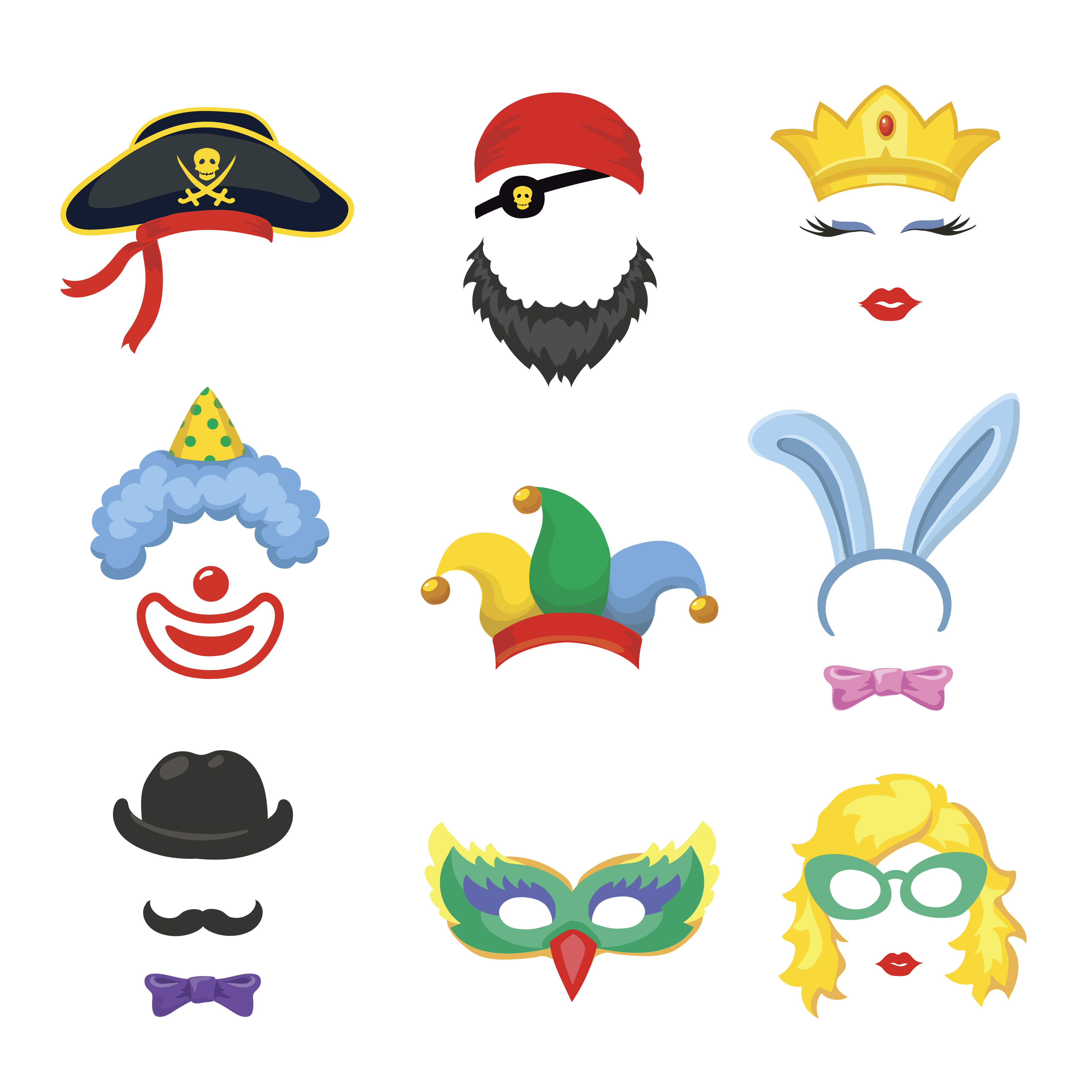 glasses, hats, crowns, masks, lips, mustaches and clown