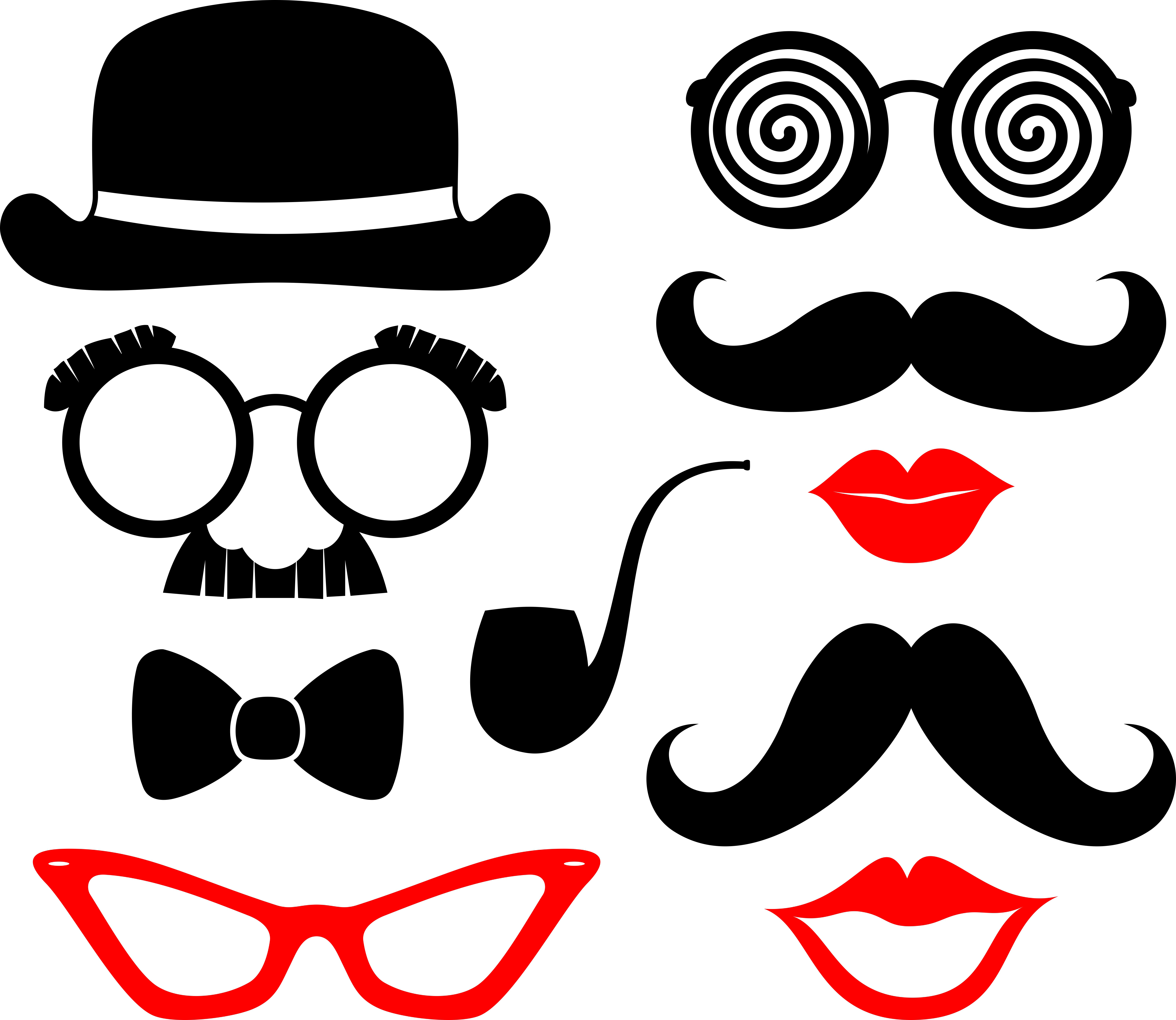 set of mustaches, lips and eyeglasses