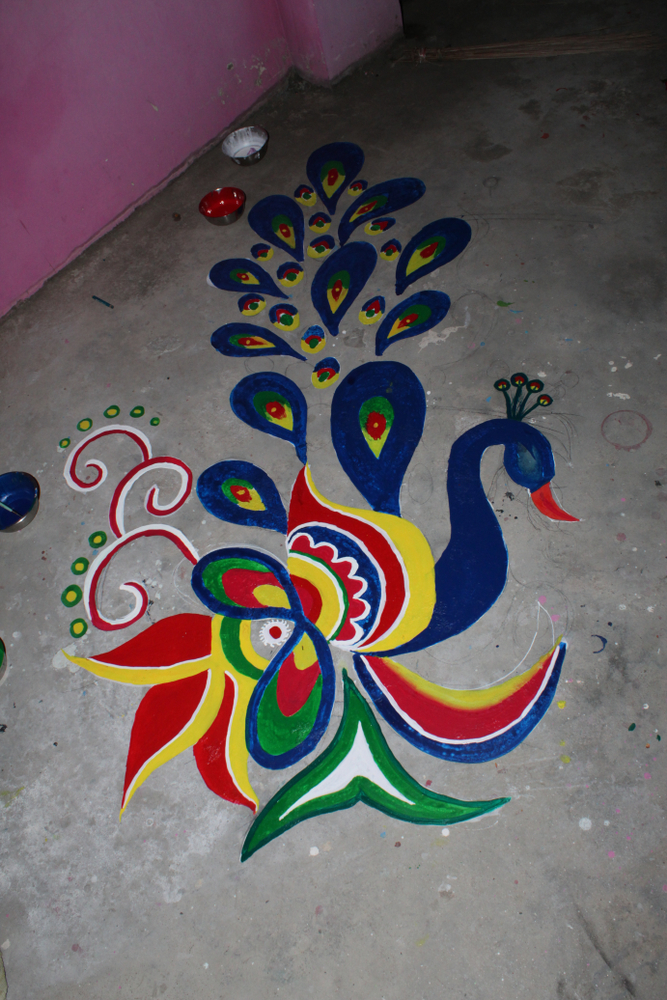 Peacock style colouring Rangoli