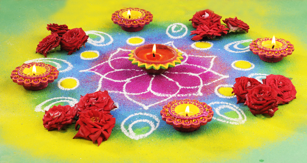 Colorful Floral Patterned Design Surrounded by Lamps