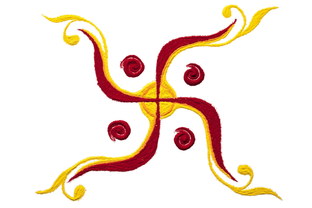 Top view of colorful swastik rangoli