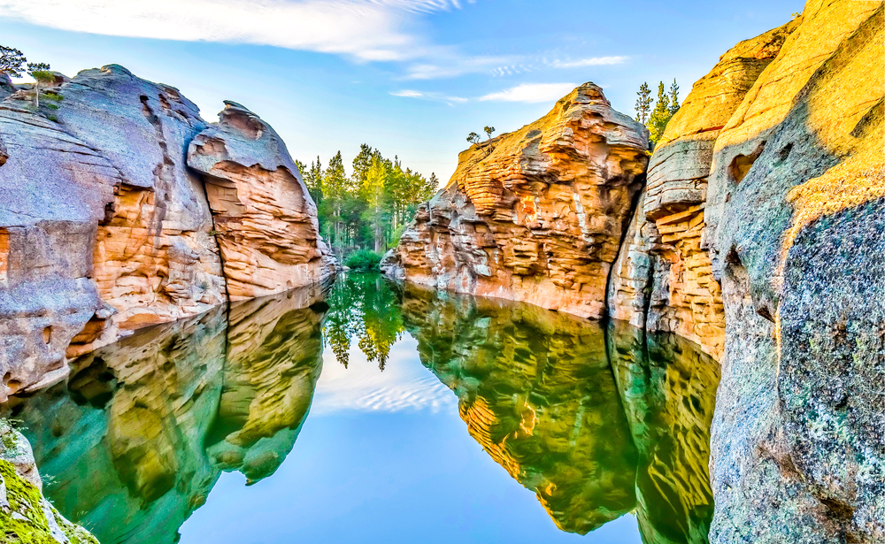 Mountain forest river reflection landscape