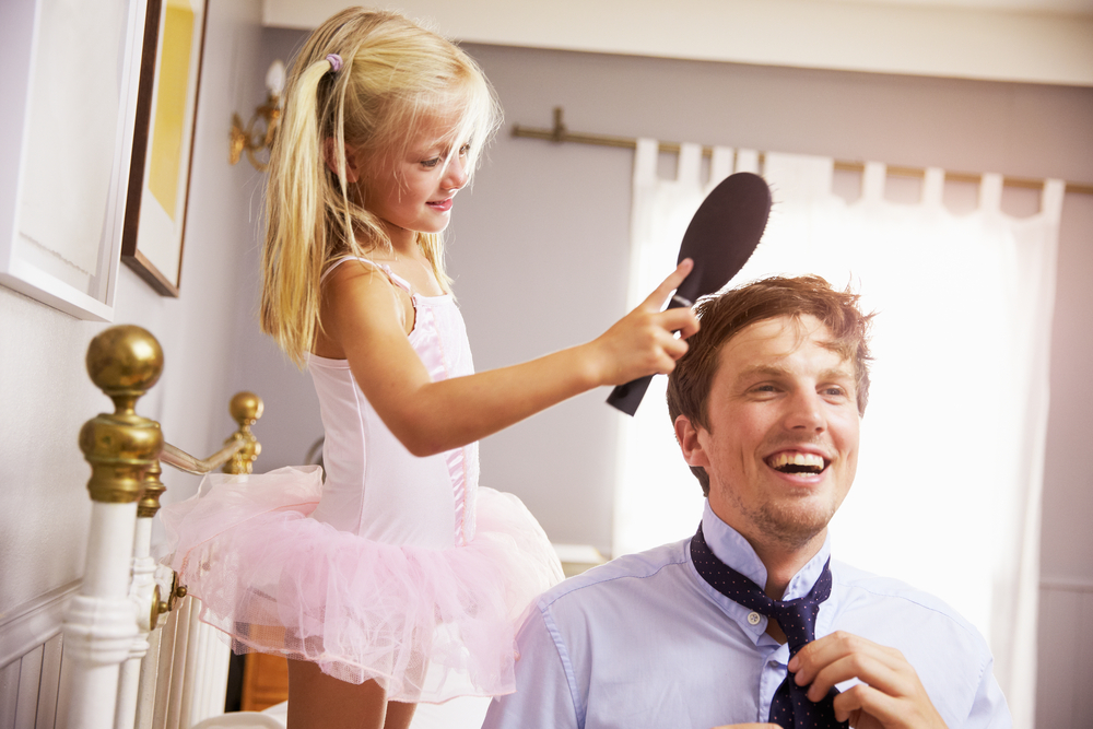 Daughter Helps Father To Get Ready For Work By Brushing Hair